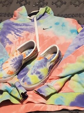 Nike Set Pastel XL Tie-Dye Hoodie and Womens 8 Slip-On Shoe- Purple, Blue, Green